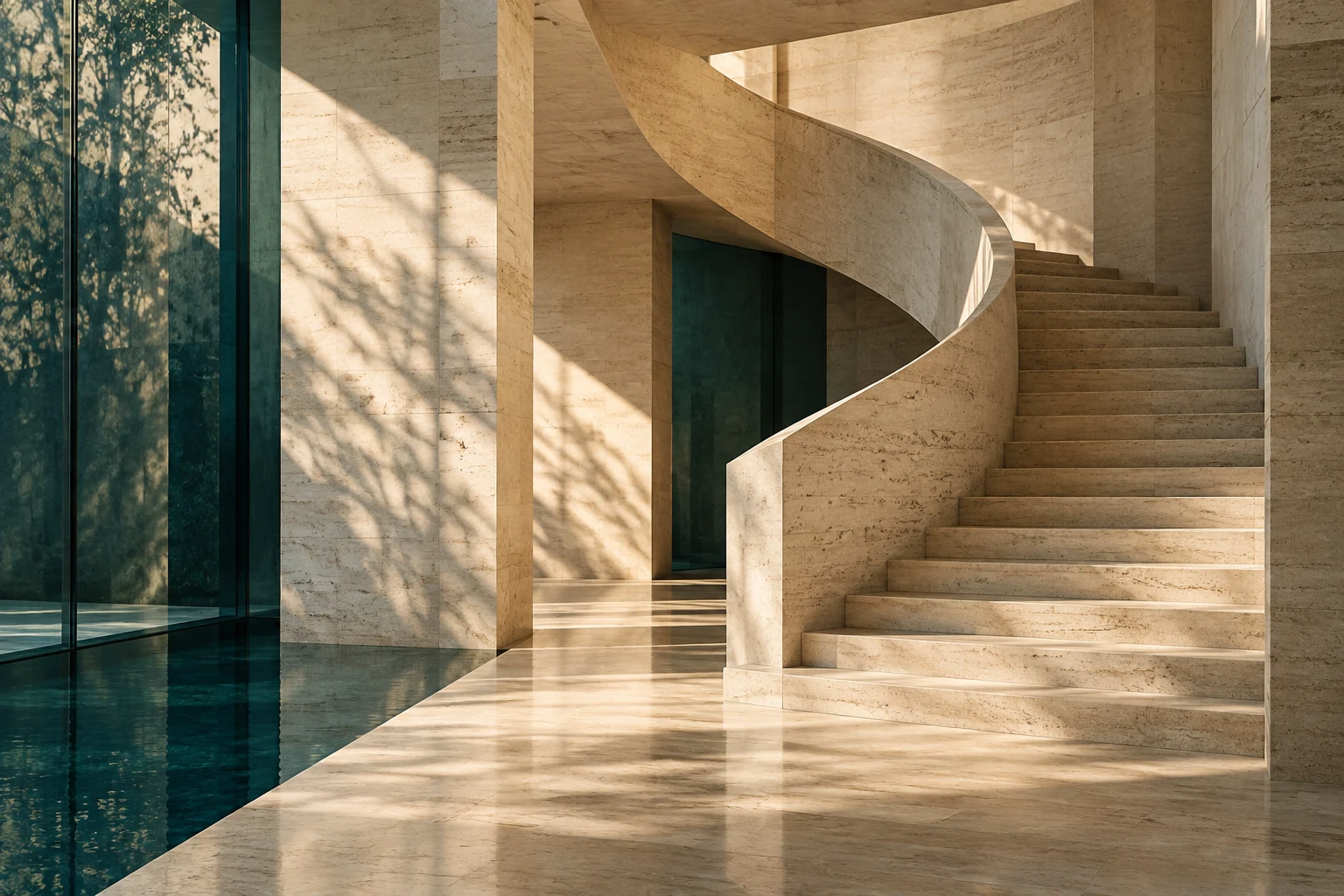 Sunlight across sculptural limestone stairs and geometric walls