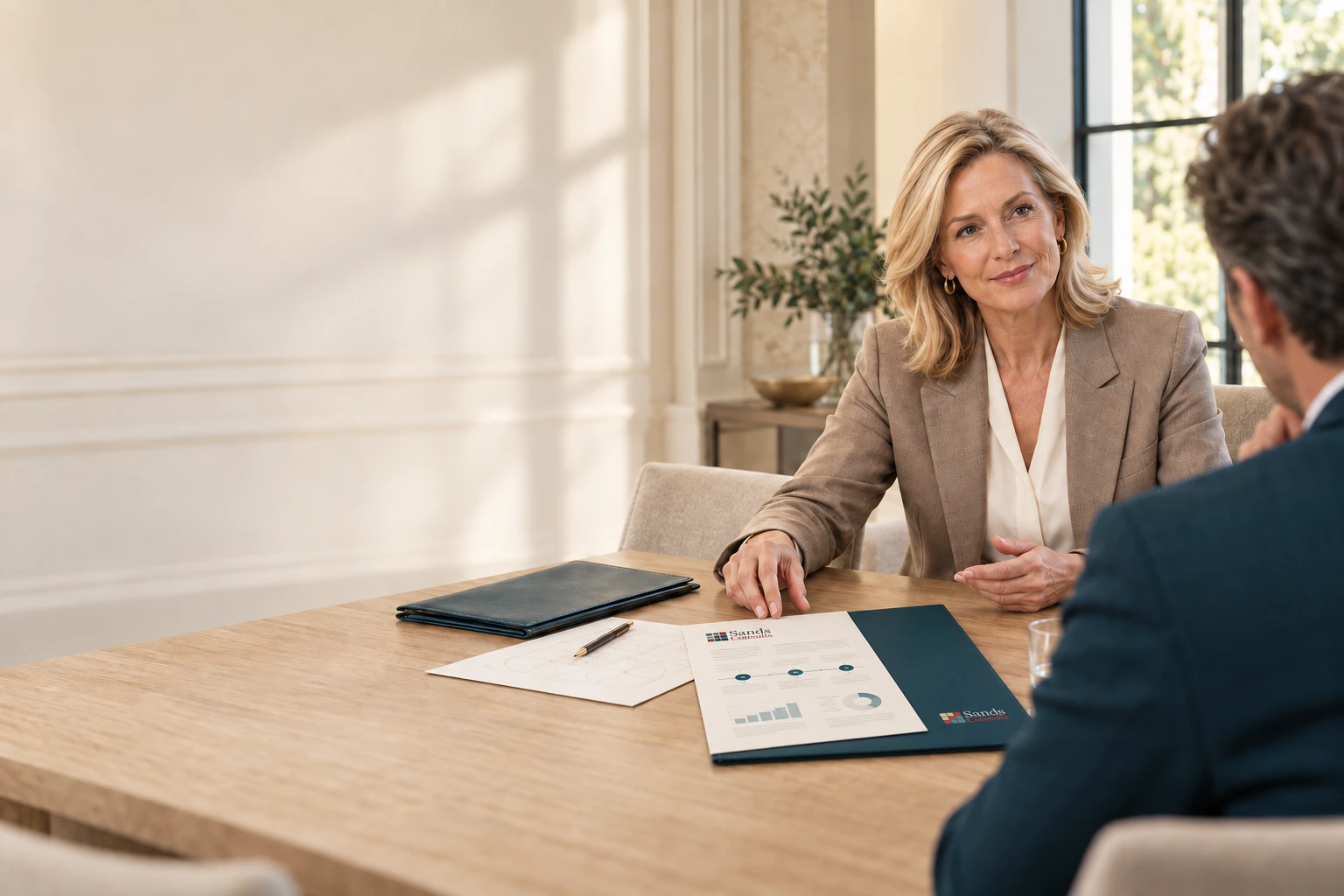 Illustrative scene of a blonde advisor reviewing a strategy document and Sands Consults branded proposal folder with a client